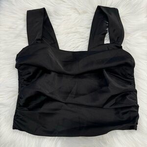Ruched Rib Square Neck Crop Top in Black Medium